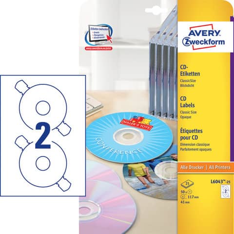 Etichette per CD AVERY finitura coprente a foro largo - Ø 117 mm - 2 et/foglio - per Laser - conf. 25 fogli - L6043-25